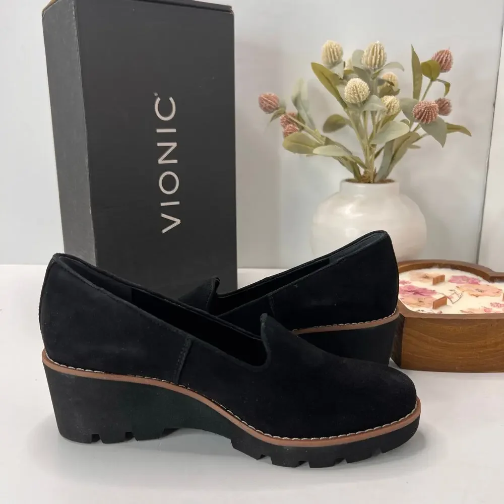 Vionic Willa Wedge Loafers Suede Slip On Black Women 6 Tried On Water Repellent